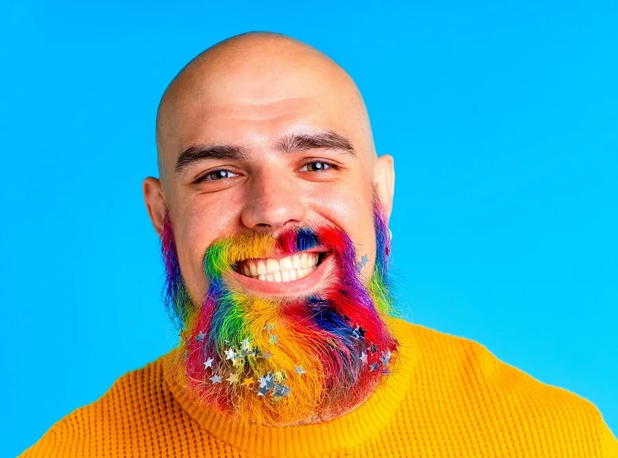 bald guy with rainbow colored beard