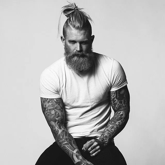 mens Bun with Beard style