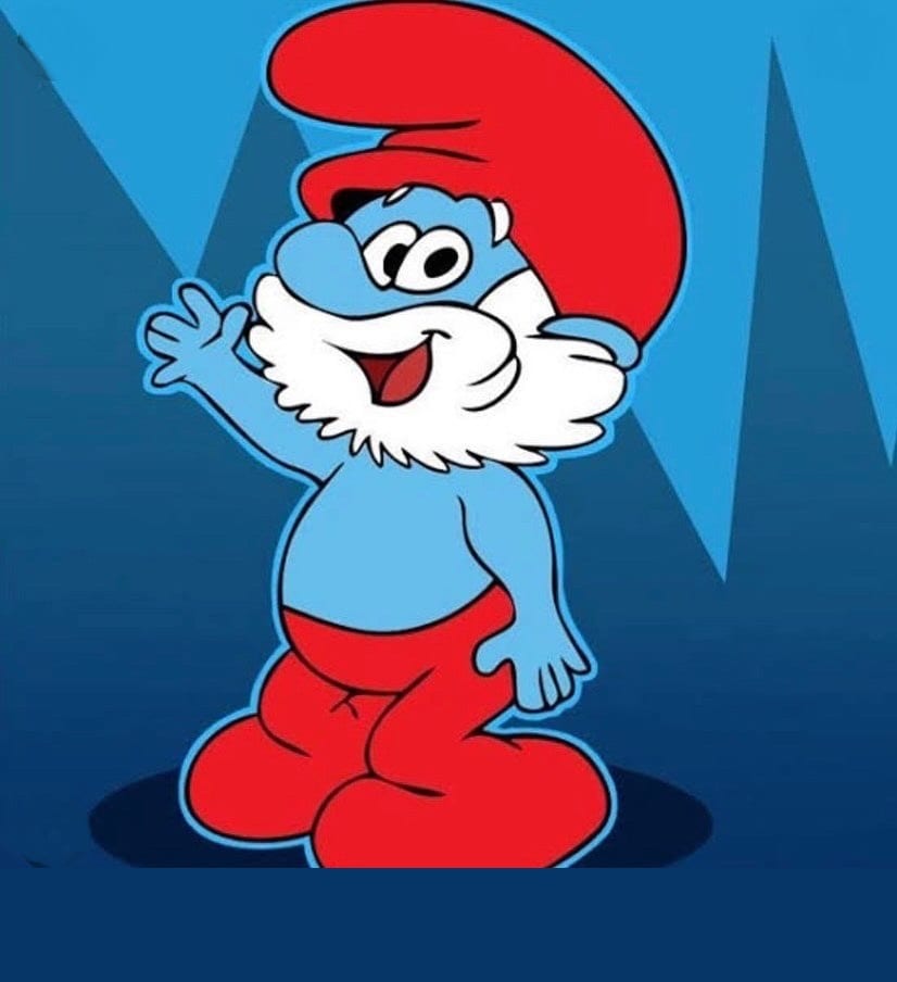 Cartoon Character Papa Smurf with Blonde Mustache and Beard