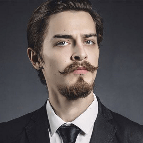 sleek hair with thick mustache