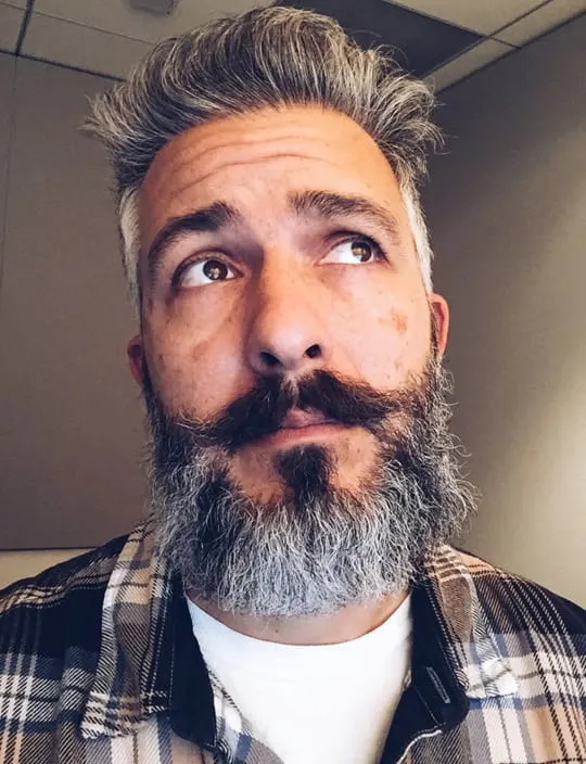 gray beard with handlebar mustache