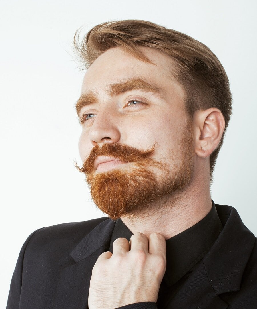 brown hair with red beard and mustache