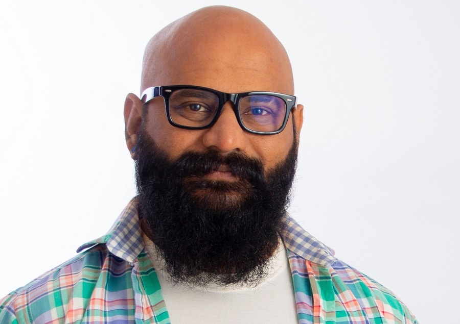 beard for round face and bald head with glasses
