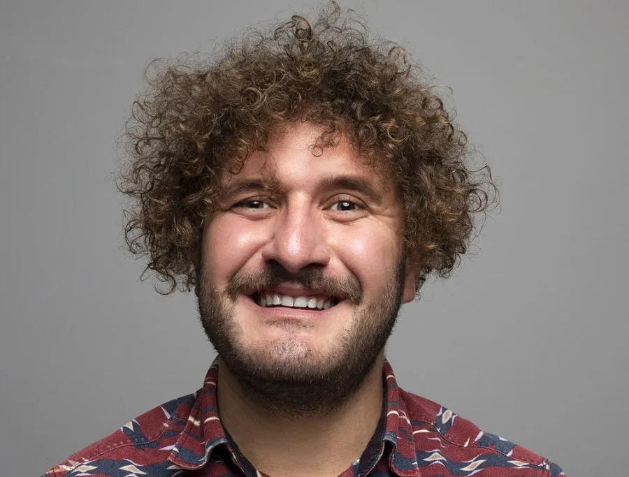 curly hair with short beard for round face