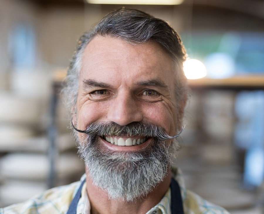 handlebar mustache with grey beard
