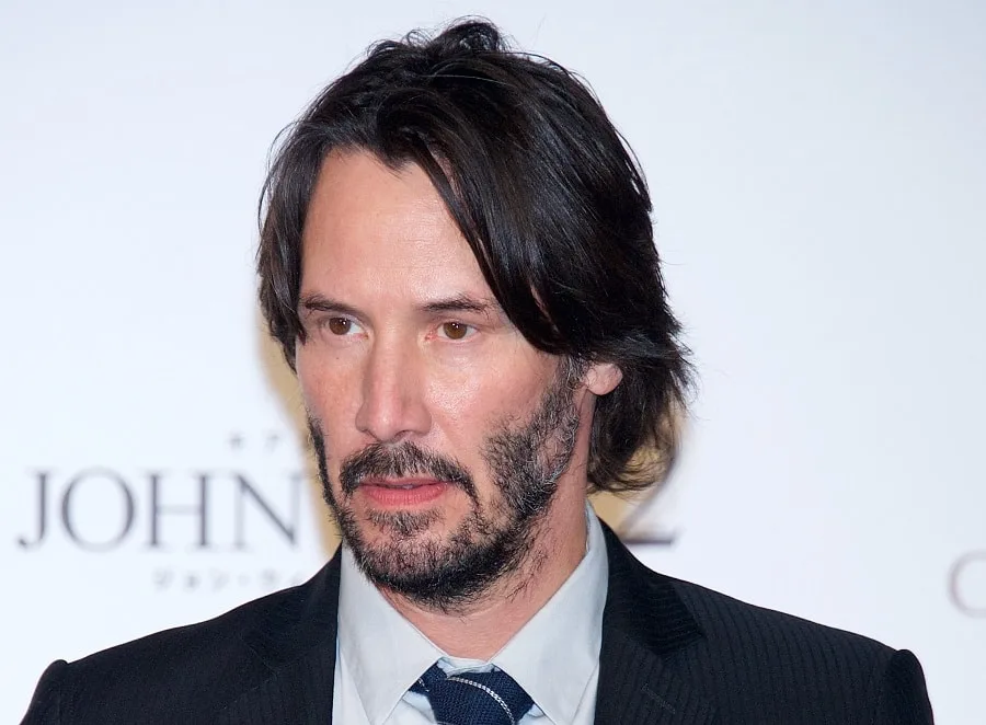 john wick's medium length hair with patchy beard