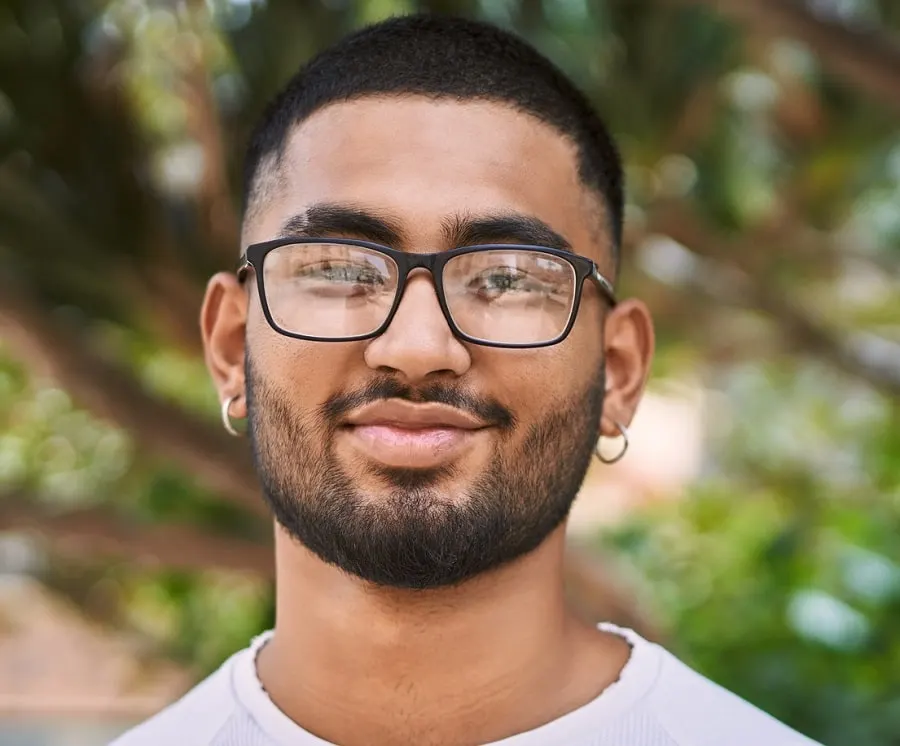 round face with short beard and glasses