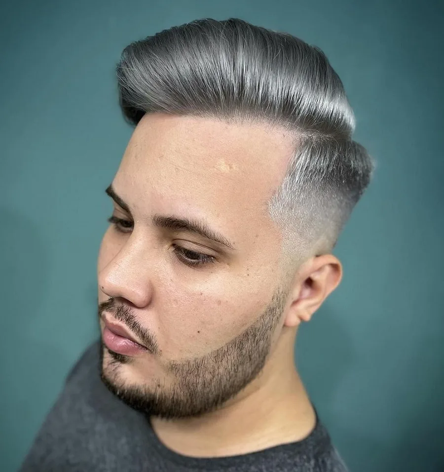 silver pompadour hairstyle with beard