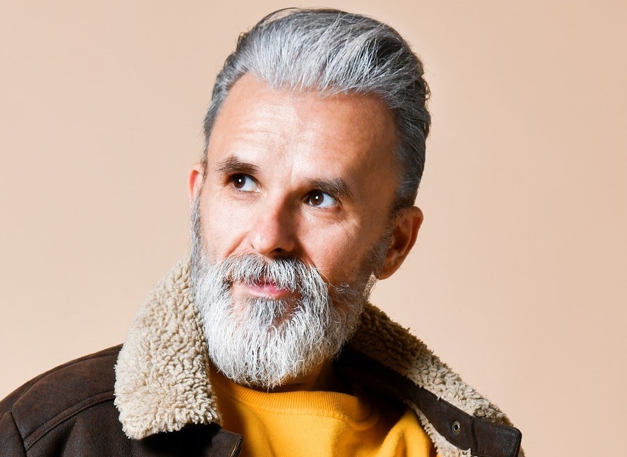 slick back hairstyle for older men with beard