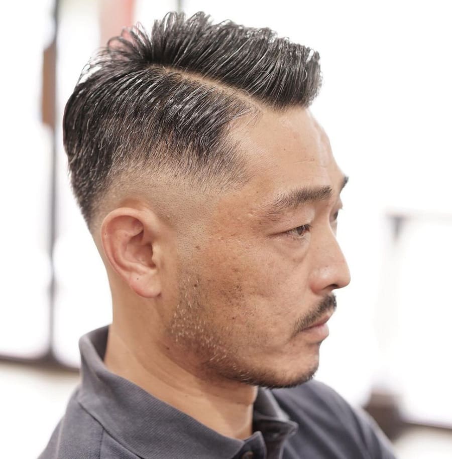 Asian men's hard part haircut with beard