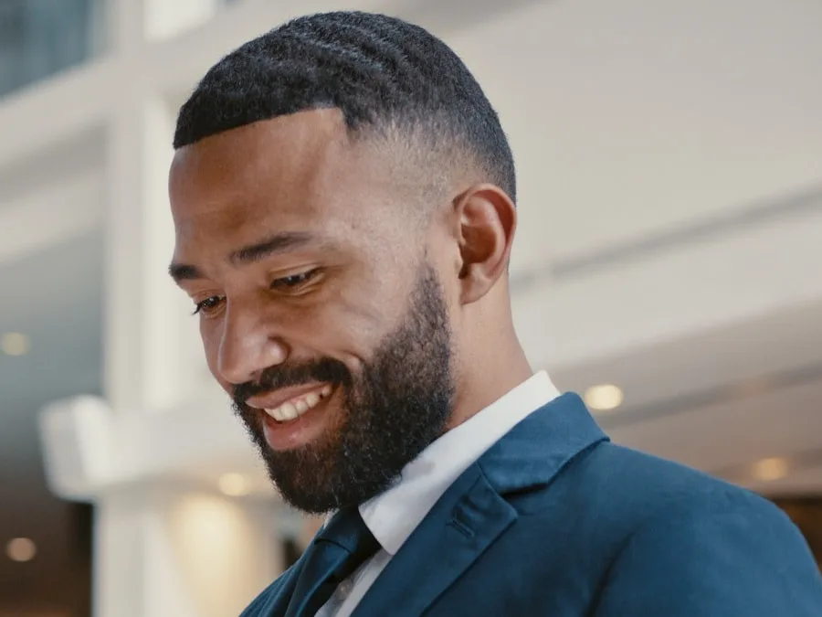 black buzz cut fade with beard