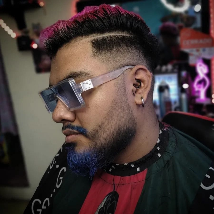 colored comb over fade with beard