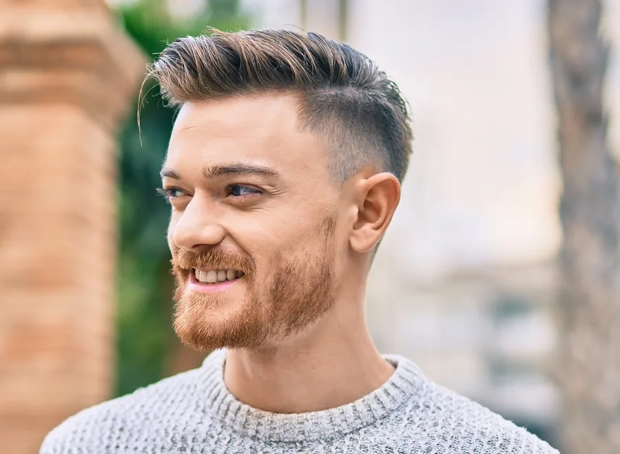 comb over fade with short blonde beard