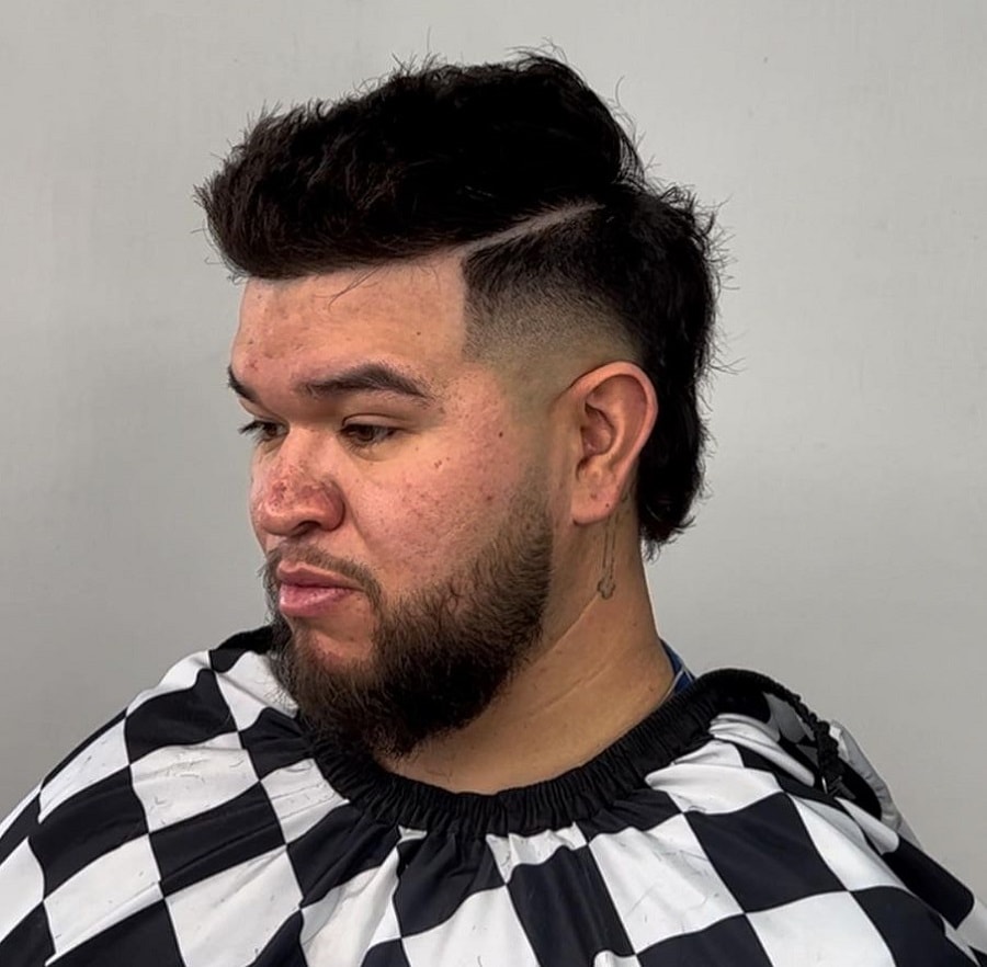 comb over mullet fade with beard
