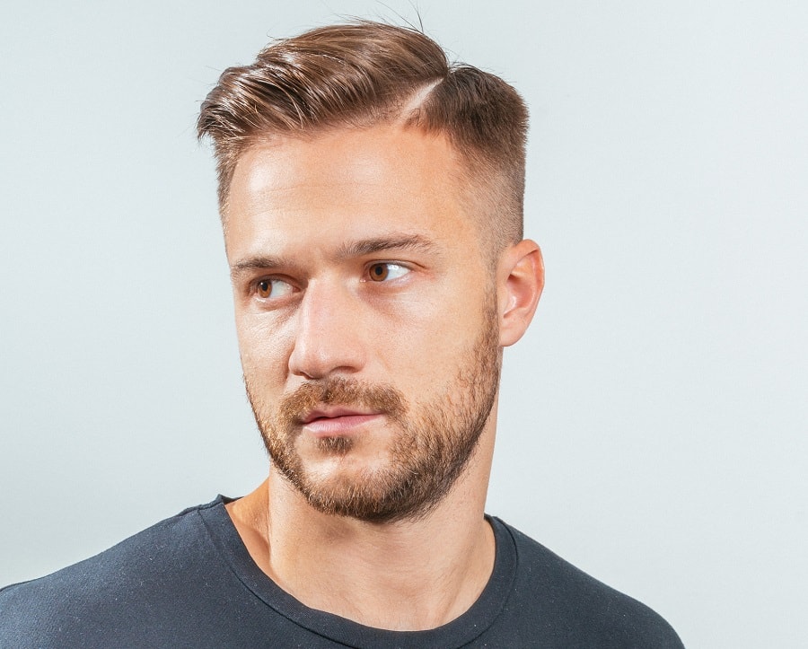 high and tight haircut with hard part and beard