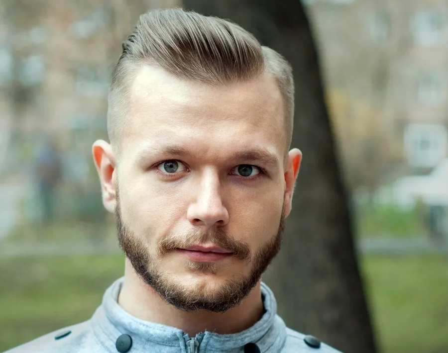 high and tight haircut with side part with beard