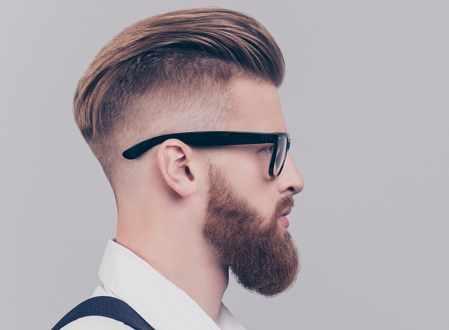 high fade haircut with beard and glasses
