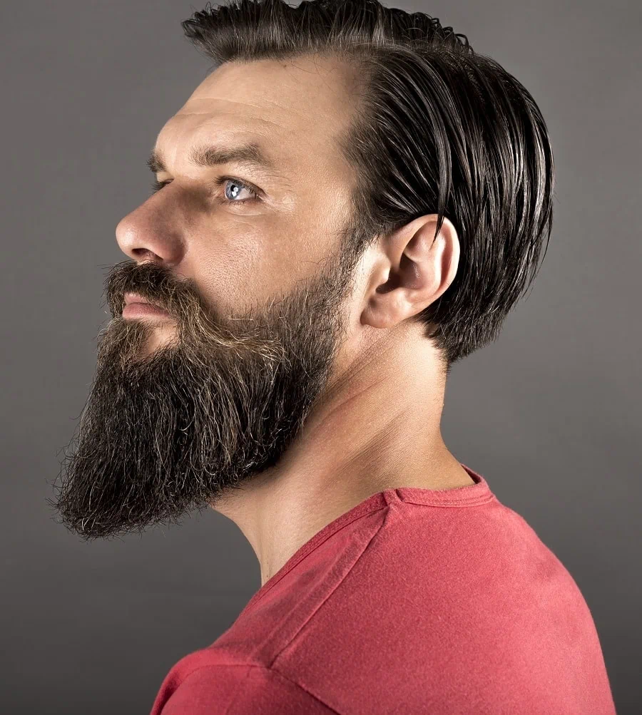 Dark Full Long Beard Slicked Back Hair