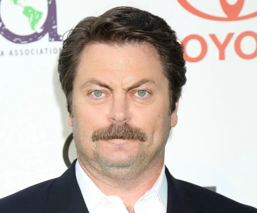 old actor Nick Offerman with a lampshade mustache