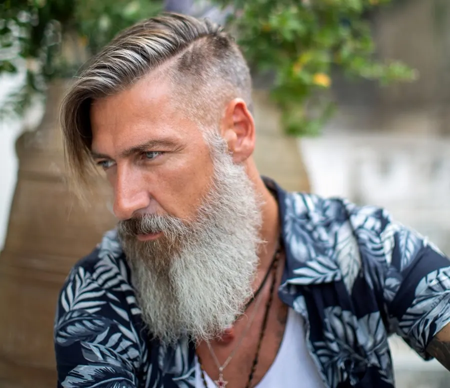 older men's hard part haircut with beard