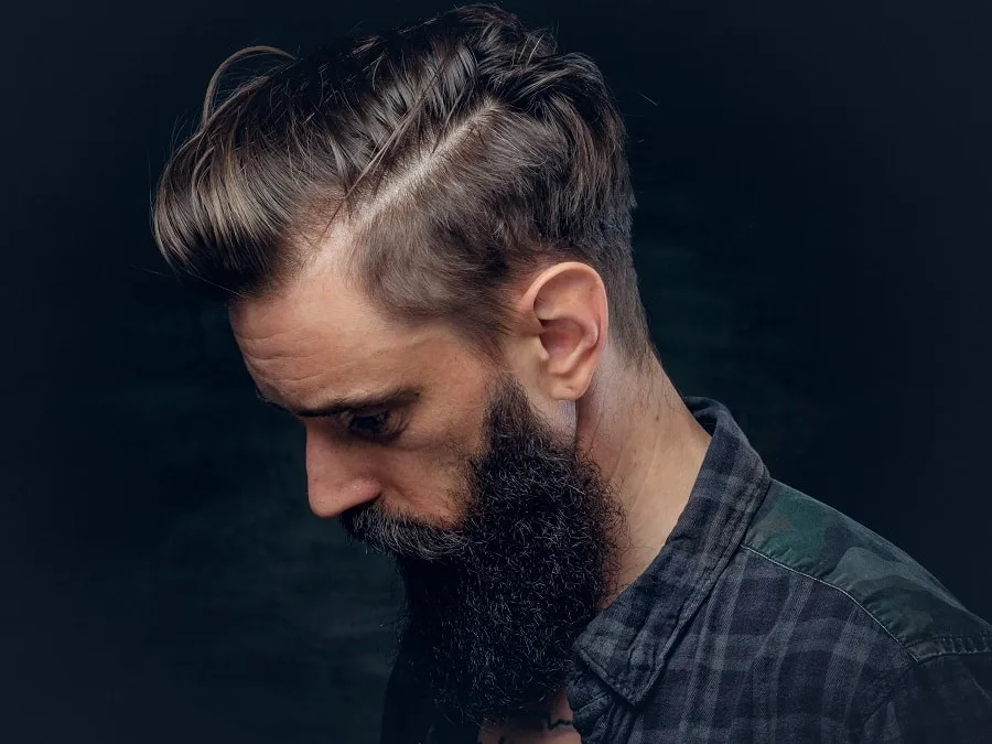 side part blowout haircut with beard