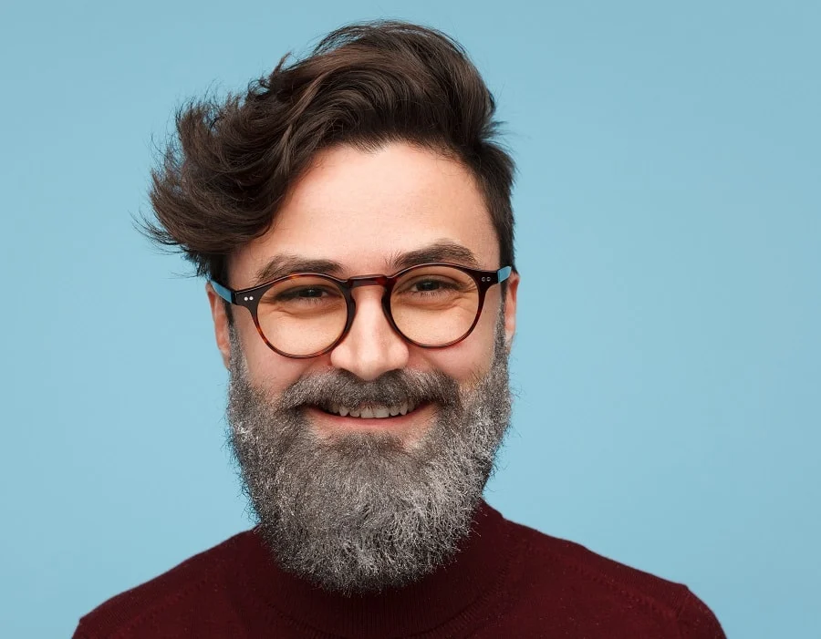 side swept blowout haircut with grey beard