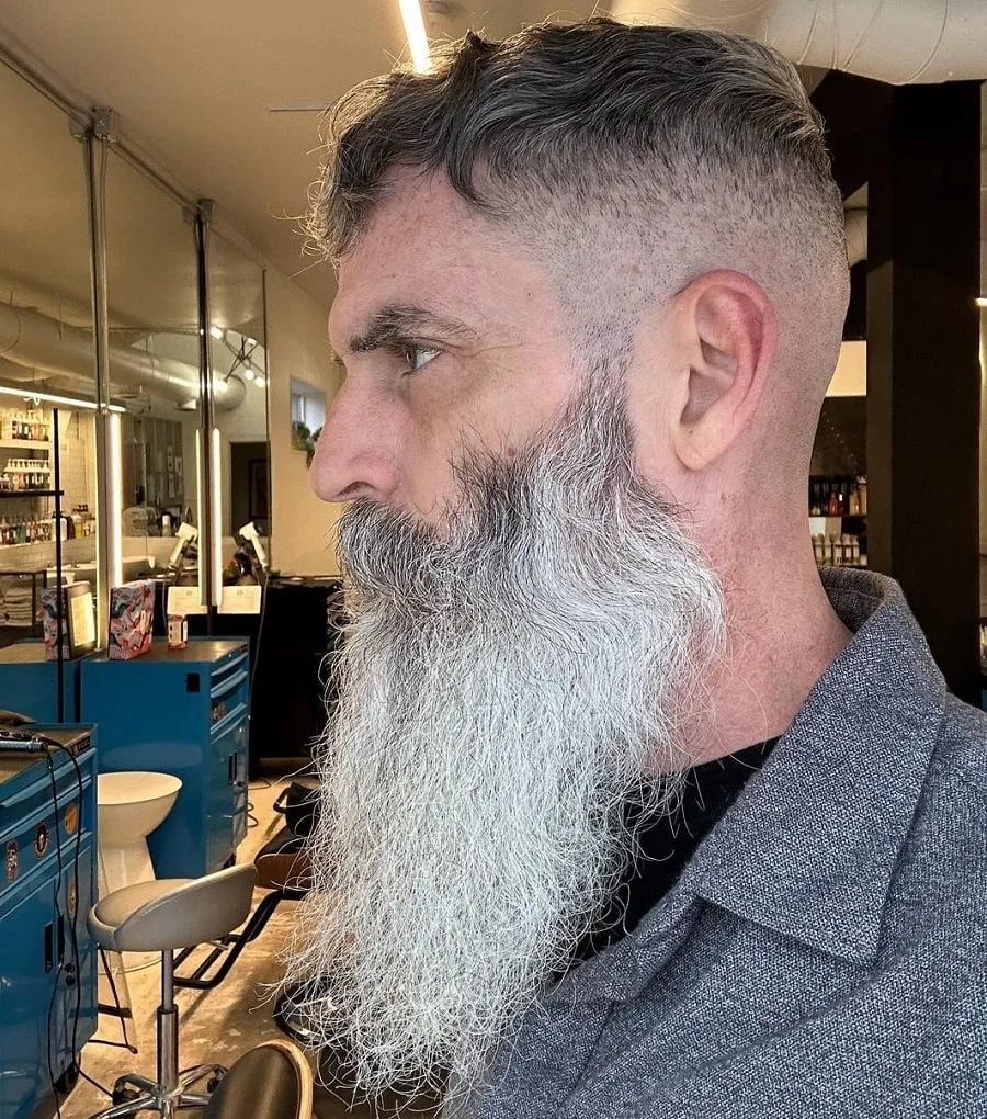 wavy crew cut with long beard