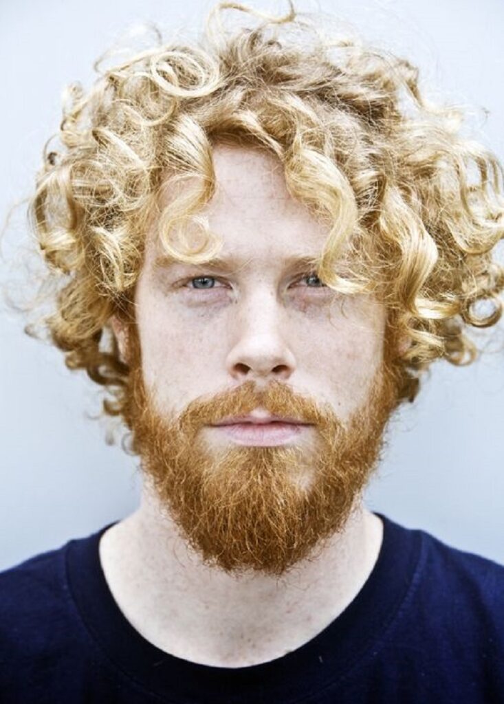 blonde curly top with short red beard