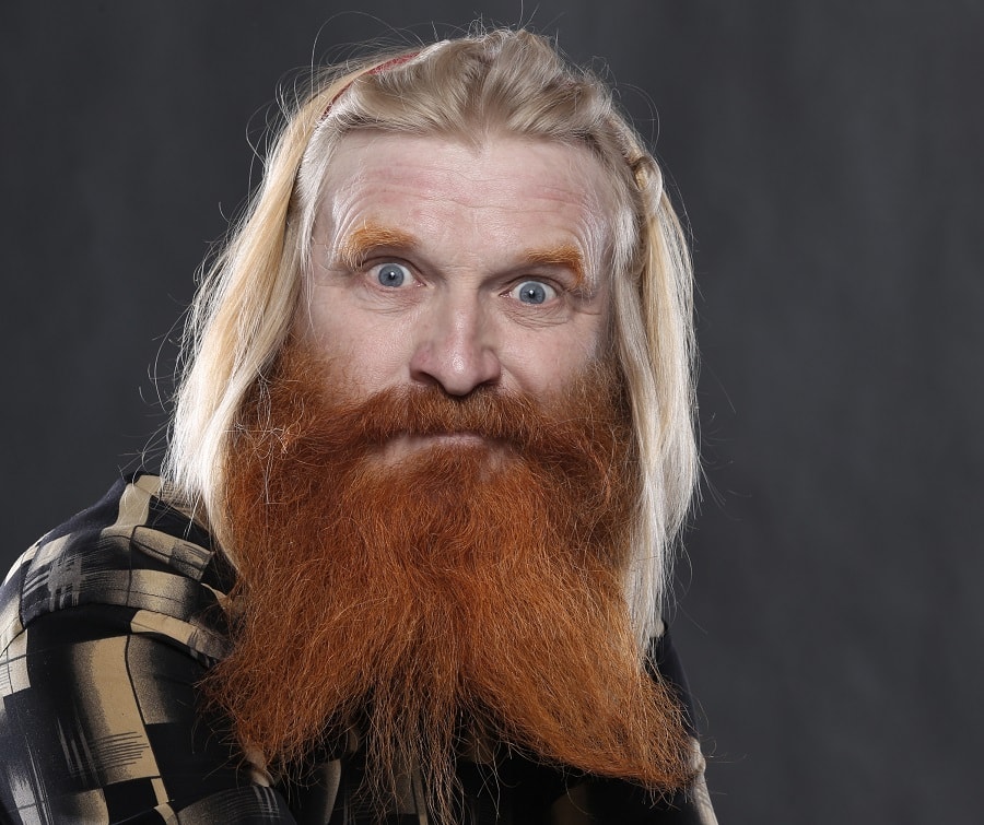 long blonde hair with red French fork beard