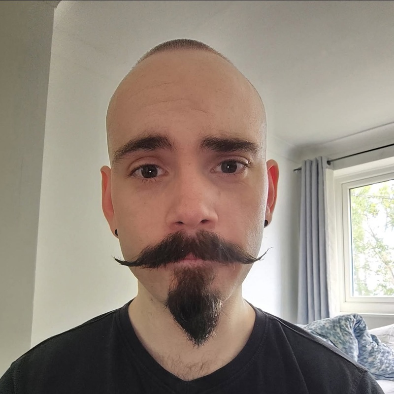 thick handlebar mustache with goatee beard