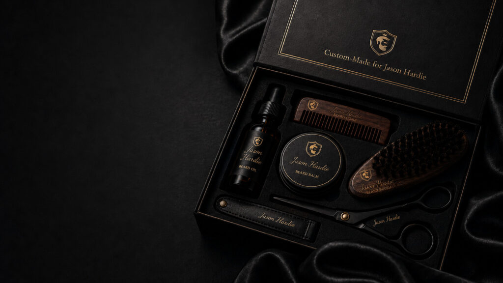 Luxury custom-named beard grooming kit in a black and gold gift box