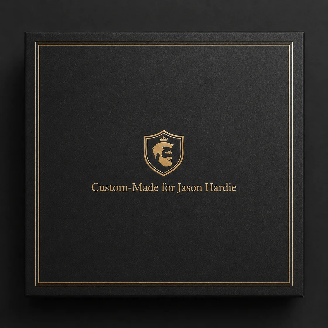 Matte-black gift box engraved: Custom-Made for Jason Hardie
