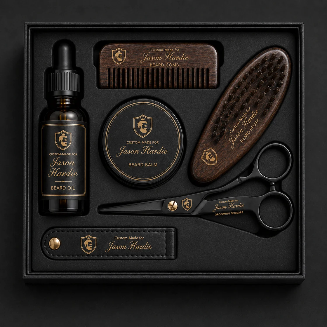 The grooming kit, engraved and laid in foam