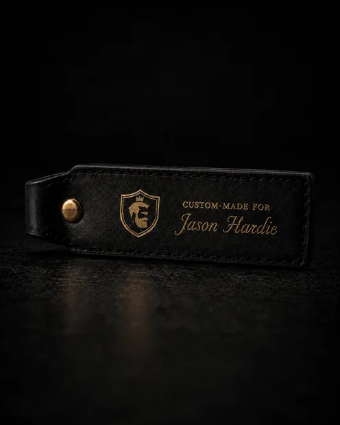 Full-grain leather name tag embossed: Custom-Made for Jason Hardie